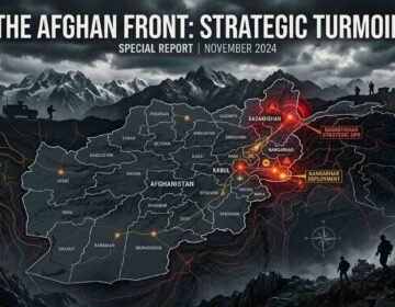 English: Map graphic of Afghanistan titled 'The Afghan Front: Strategic Turmoil' highlighting conflict zones in Badakhshan, Nangarhar deployment, and Kabul against a rugged mountain military backdrop.