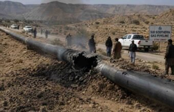 Damaged Sui Southern gas pipeline after a reported blast in Bolan, Balochistan