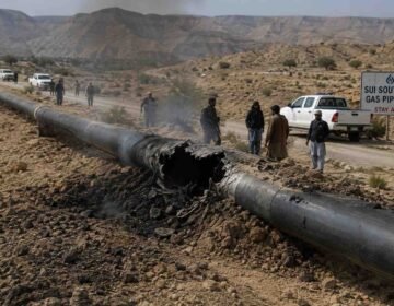 Damaged Sui Southern gas pipeline after a reported blast in Bolan, Balochistan