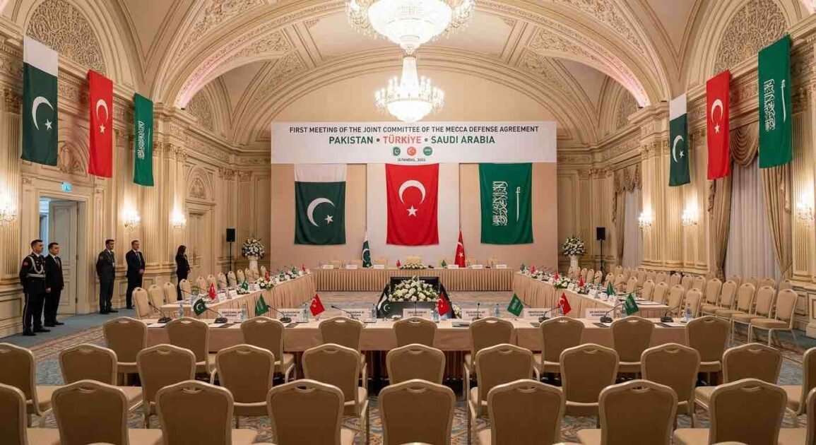 A wide-angle photograph of the prepared venue for the First Meeting of the Joint Committee of the Mecca Defense Agreement in an ornate Istanbul hall, with flags and banners representing Pakistan, Türkiye, and Saudi Arabia.