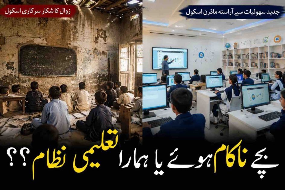 Dilapidated government school contrasted with a modern smart school, highlighting education inequality in Khyber Pakhtunkhwa.