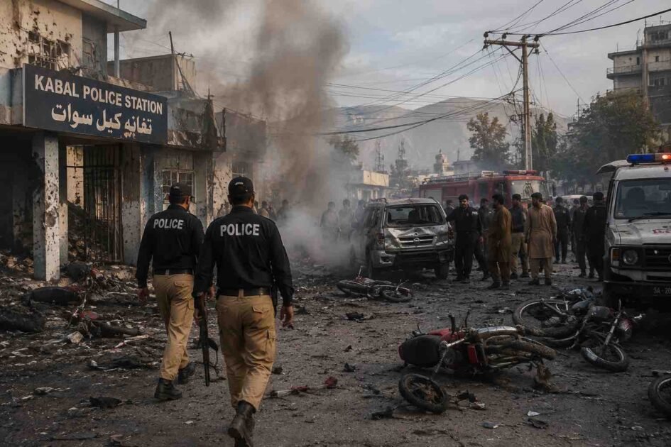 Police and rescue teams respond after a suicide attack at Kabal Police Station in Swat, with smoke, damaged vehicles, and debris visible.