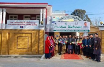 Officials and faculty welcome a Higher Education Commission (HEC) delegation at the University of Veterinary & Animal Sciences (UVAS) Swat campus.