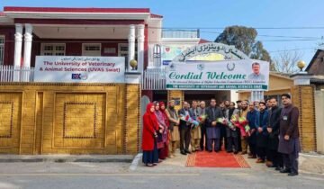 Officials and faculty welcome a Higher Education Commission (HEC) delegation at the University of Veterinary & Animal Sciences (UVAS) Swat campus.