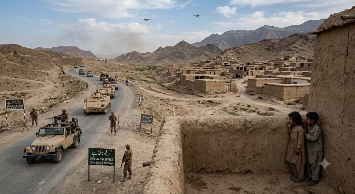 A photojournalistic style image capturing a Pakistani military convoy patrolling a winding road through a dry, mountainous landscape in North Waziristan. The left side features an armored convoy including a leading open-top jeep and several tracked armored personnel carriers (APCs) moving down the paved road. Pakistani soldiers in camouflage uniforms and caps are visible manning the vehicles, with others patrolling the roadside on foot. A prominent green sign at the foreground-left reads "CURFEW IS IN EFFECT, SATURDAY & SUNDAY." On the right, a densely packed village of traditional, deserted mud-brick houses is visible. Two young local children in traditional clothing cautiously peek around the edge of a mud wall in the foreground, watching the passing convoy. In the distance, against the cloudy sky and rugged mountains, two small military drones are visible.