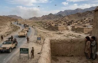 A photojournalistic style image capturing a Pakistani military convoy patrolling a winding road through a dry, mountainous landscape in North Waziristan. The left side features an armored convoy including a leading open-top jeep and several tracked armored personnel carriers (APCs) moving down the paved road. Pakistani soldiers in camouflage uniforms and caps are visible manning the vehicles, with others patrolling the roadside on foot. A prominent green sign at the foreground-left reads "CURFEW IS IN EFFECT, SATURDAY & SUNDAY." On the right, a densely packed village of traditional, deserted mud-brick houses is visible. Two young local children in traditional clothing cautiously peek around the edge of a mud wall in the foreground, watching the passing convoy. In the distance, against the cloudy sky and rugged mountains, two small military drones are visible.