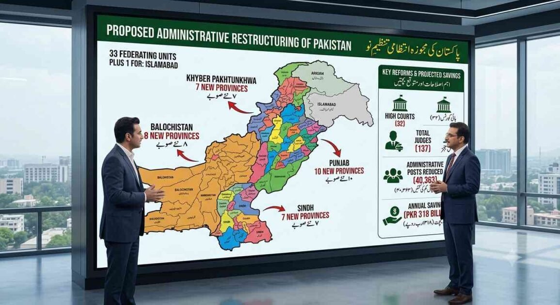 Conceptual illustration representing the reported proposal to divide Pakistan into 33 administrative provinces.