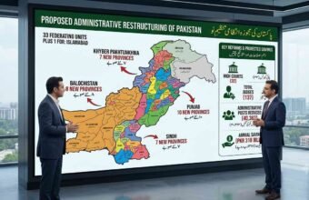 Conceptual illustration representing the reported proposal to divide Pakistan into 33 administrative provinces.