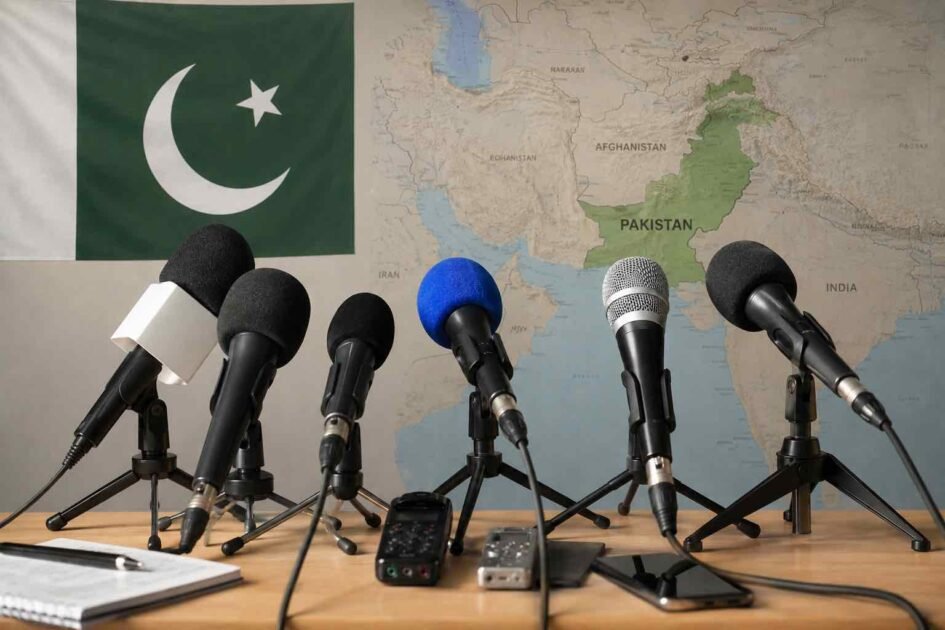 Microphones in a press briefing setup with the Pakistan flag and a map of Pakistan in the background