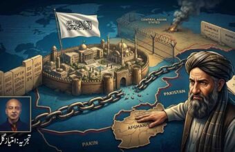 Conceptual illustration of Taliban's 5-year rule in Afghanistan depicting regional map dynamics, border security barriers, and an inset portrait of analyst Imtiaz Gul.