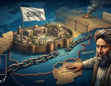 Conceptual illustration of Taliban's 5-year rule in Afghanistan depicting regional map dynamics, border security barriers, and an inset portrait of analyst Imtiaz Gul.