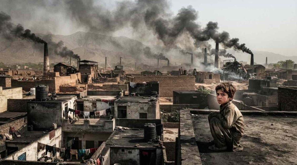 A young child sitting on a dusty rooftop overlooking a semi-urban landscape in Bara and Peshawar, with industrial brick kilns emitting thick black smoke into the hazy sky.