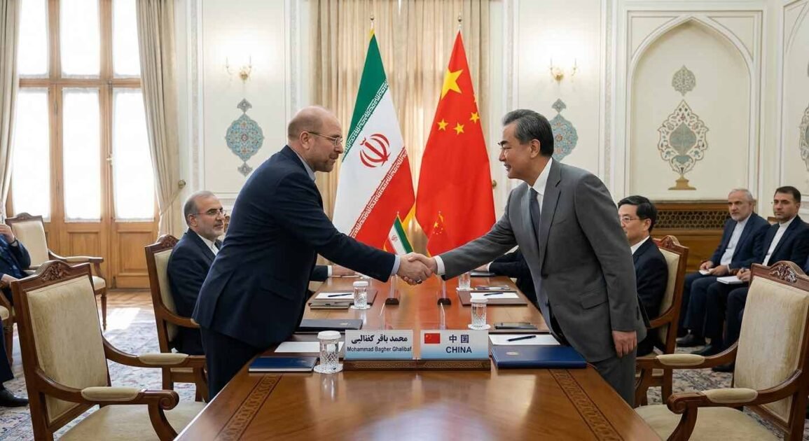 Iranian Parliament Speaker Mohammad Bagher Ghalibaf shaking hands with a Chinese official in front of the Iranian and Chinese flags.