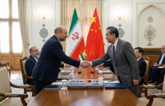 Iranian Parliament Speaker Mohammad Bagher Ghalibaf shaking hands with a Chinese official in front of the Iranian and Chinese flags.