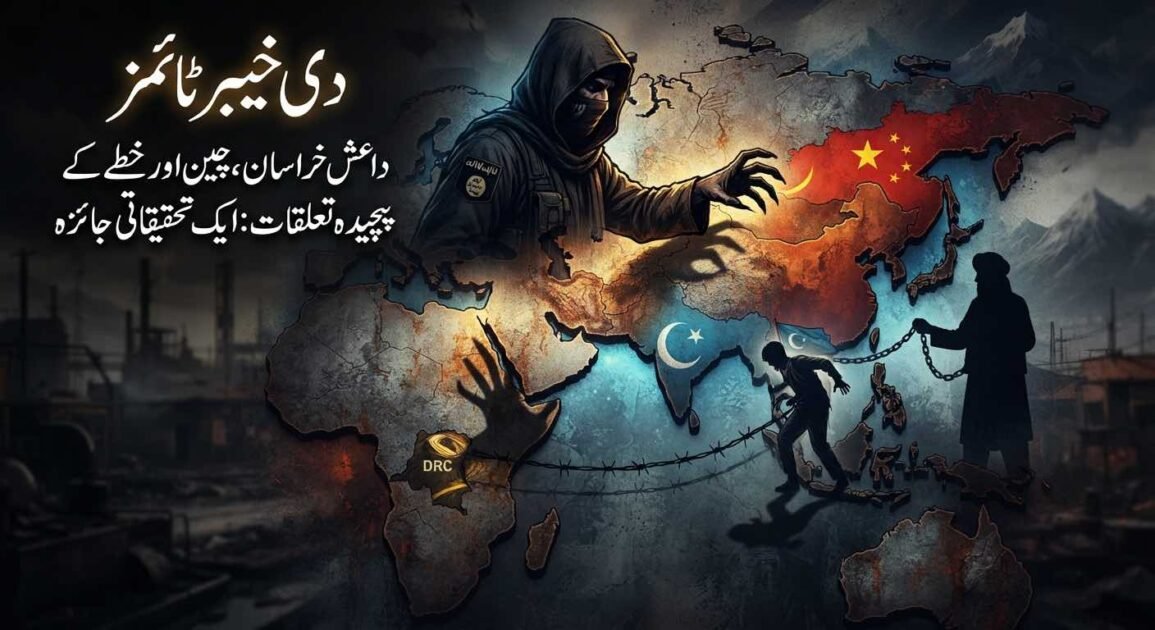A conceptual investigative graphic depicting ISKP's anti-China strategy and regional security dynamics over a dark world map background.