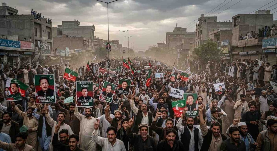 A massive crowd of political demonstrators marching down a dusty street in Pakistan, holding banners and portraits of Imran Khan under an overcast sky.