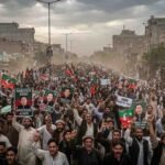 A massive crowd of political demonstrators marching down a dusty street in Pakistan, holding banners and portraits of Imran Khan under an overcast sky.
