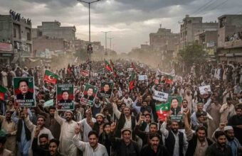 A massive crowd of political demonstrators marching down a dusty street in Pakistan, holding banners and portraits of Imran Khan under an overcast sky.