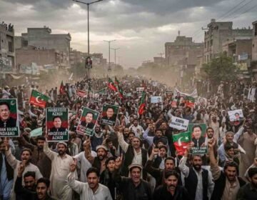 A massive crowd of political demonstrators marching down a dusty street in Pakistan, holding banners and portraits of Imran Khan under an overcast sky.