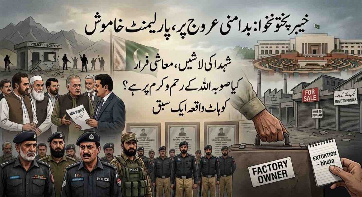 An editorial illustration in a vintage comic book style. At the top center, large Urdu text reads "Khyber Pakhtunkhwa: Unrest at Peak, Parliament Silent". A complex collage of figures and scenes is depicted. In the center, a group of diverse Pakistani politicians is gathered, with one figure in a suit holding a paper that reads "NON-ISSUES گولی مارو" (NON-ISSUES, Shoot). Below them, more Urdu text states "Bodies of Martyrs, Economic Escape" and "Is the province at the mercy of God?". On the right, a hand holds a briefcase labeled "FACTORY OWNER", and another hand holds a notepad labeled "EXTORTION - bhata". Buildings in the background have signs in Urdu and English reading "FOR SALE" and "MOVE TO PUNJAB" (پنجاب کے لئے منتقل کریں). A circular chamber resembling parliament is at the top right. On the left, Khyber Pakhtunkhwa police and army personnel stand in ranks. Posters behind them honor "MARTYR OF YOUNG SOLDIERS". A police checkpost is visible on a mountain peak in the background. A Pakistani flag is present. The overall aesthetic is a gritty, hand-drawn comic panel with a muted color palette.