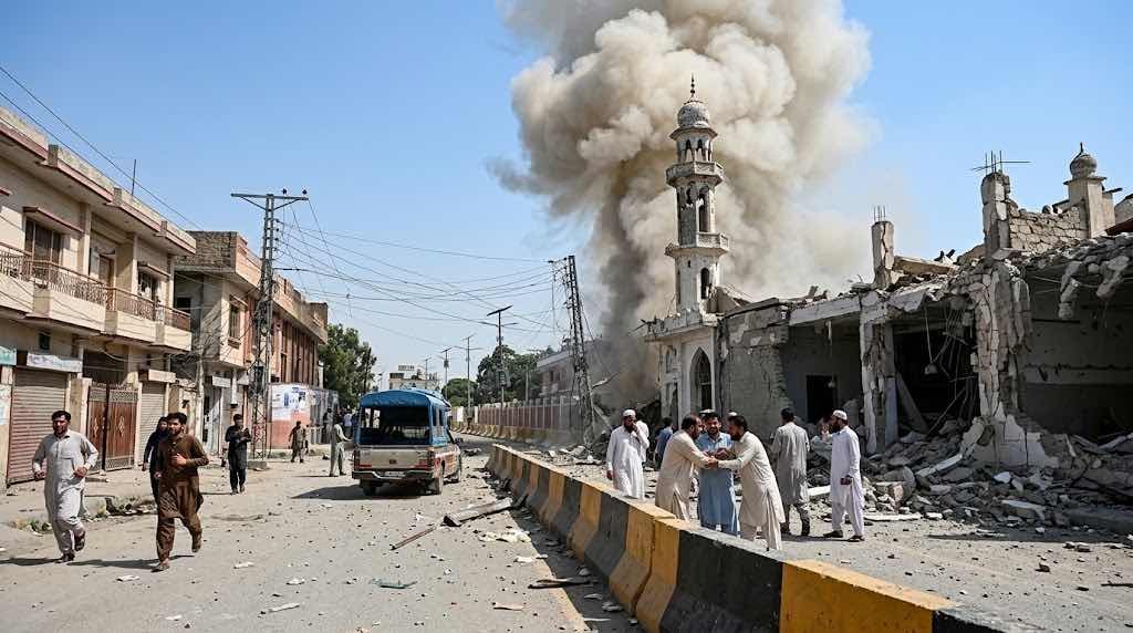 A photograph of a residential street in Pakistan after an explosion. Debris litters the road. A mosque is partially collapsed, with thick smoke rising behind its minaret. A group of men in traditional attire stand distressed on the right, and other people walk on the street.