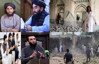Composite image showing the destruction site of the Kohat Police Lines attack, security personnel, and key political and regional figures.