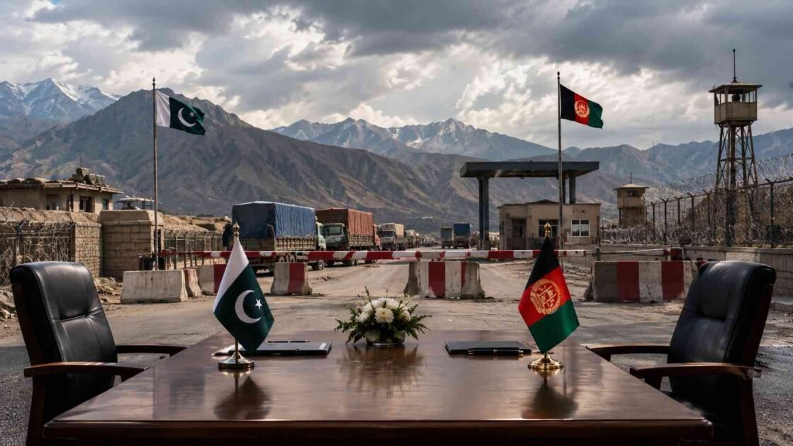 Pakistan-Afghanistan border crossing point with a negotiating table.