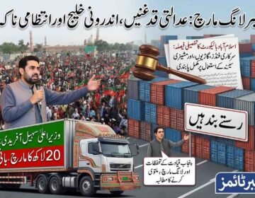 A detailed composite infographic from 'The Khyber Times' with a large title in Urdu: '27 ستمبر لانگ مارچ: عدالتی قدغنیں، اندرونی خلیج اور انتظامی ناکہ بندی' (September 27 Long March: Judicial Constraints, Internal Rift, and Administrative Blockade). The image is divided into sections analyzing the march. The top left features a massive crowd holding countless PTI flags in an open area, with the domes and minarets of the Badshahi Mosque in the distance. Below this, a portrait of CM Sohail Afridi addresses the crowd with a microphone. A large banner on a stage/truck below him declares in Urdu: 'وزیر اعلیٰ سہیل آفریدی: 20 لاکھ کا مارچ، بانی کی رہائی' (Chief Minister Sohail Afridi: March of 2 Million, Release of Founder) along with 'The Khyber Times' logo. The center and right are dominated by a huge wall and stack of colorful shipping containers. On top rests a judicial gavel and a legal document scroll containing extensive Urdu text and detailed court decisions regarding restrictions on state resources and rights violations. A green sign on the containers reads 'راستے بند ہیں' (Paths/Roads are closed). A smaller portrait of a generic Punjab PTI leader is shown on the right with an Urdu text box below him, stating opposition and reasons, including lack of preparation and consultation. The entire graphic includes various Urdu text boxes and signs providing detailed analysis, legal quotes, and statements from different political figures and entities. 'The Khyber Times' logo is in the bottom right.