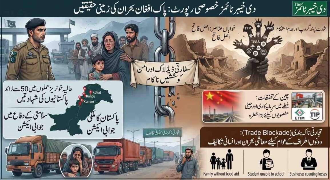 A detailed infographic from "The Khyber Times" titled "Special Report: Ground Realities of the Pak-Afghan Crisis." The image is divided into multiple sections analyzing the escalating tensions. In the center, a large broken chain symbolizes diplomatic deadlock, flanked by a Pakistani soldier on the left and an Afghan family on the right near a border crossing. The left side details "Pakistan's Defensive Stance," featuring a map of Khyber Pakhtunkhwa province with highlighted locations ("Kohat," "Hangu," "Kurram") and text stating over 50 casualties in recent attacks. The right side explains "The Real Winners: Extremist Groups and Instability," showing a flowchart of militant networks like TTP and IS-KP operating in Afghanistan and threatening China's economic projects via ETIM (East Turkestan Islamic Movement) and TIP (Turkistan Islamic Party). The bottom section illustrates the "Humanitarian and Economic Crisis," showing a trade blockade with trucks at the border and three icons representing suffering: a family without food aid, a student unable to school, and a business counting losses. The primary language is Urdu.
