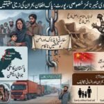 A detailed infographic from "The Khyber Times" titled "Special Report: Ground Realities of the Pak-Afghan Crisis." The image is divided into multiple sections analyzing the escalating tensions. In the center, a large broken chain symbolizes diplomatic deadlock, flanked by a Pakistani soldier on the left and an Afghan family on the right near a border crossing. The left side details "Pakistan's Defensive Stance," featuring a map of Khyber Pakhtunkhwa province with highlighted locations ("Kohat," "Hangu," "Kurram") and text stating over 50 casualties in recent attacks. The right side explains "The Real Winners: Extremist Groups and Instability," showing a flowchart of militant networks like TTP and IS-KP operating in Afghanistan and threatening China's economic projects via ETIM (East Turkestan Islamic Movement) and TIP (Turkistan Islamic Party). The bottom section illustrates the "Humanitarian and Economic Crisis," showing a trade blockade with trucks at the border and three icons representing suffering: a family without food aid, a student unable to school, and a business counting losses. The primary language is Urdu.