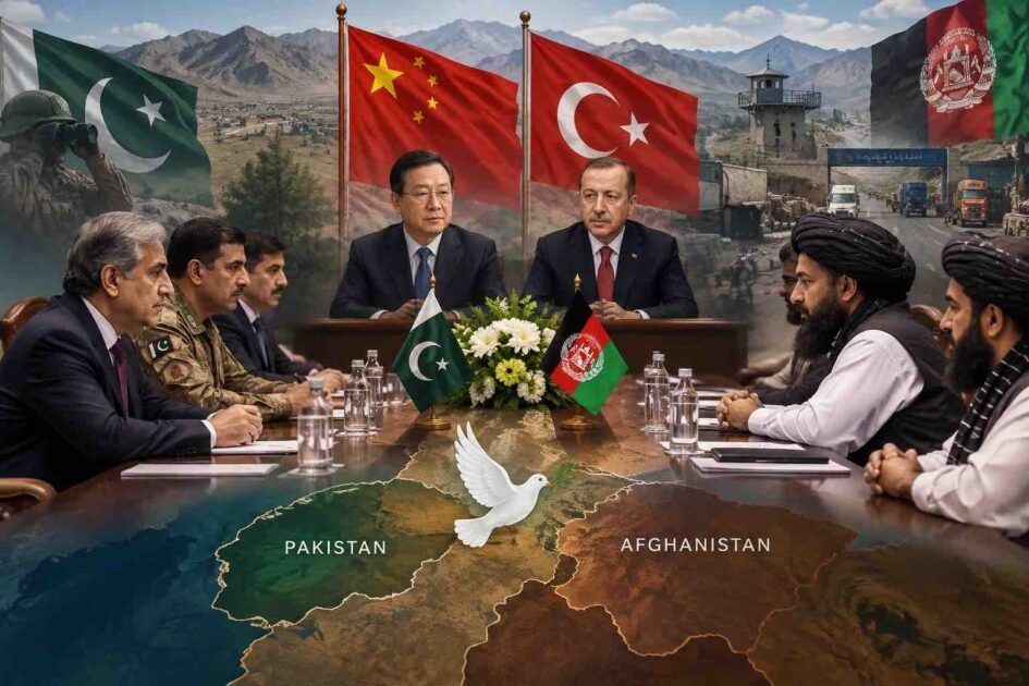 Illustrative image of China and Türkiye mediating talks between Pakistan and Afghanistan amid border tensions and security concerns