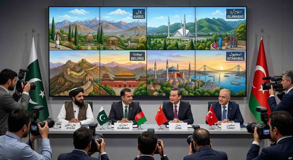 Wide photograph of a multilateral diplomatic press conference featuring Afghan, Pakistani, Chinese, and Turkish officials. Numerous press photographers are in the foreground, and a large multi-panel video screen in the background shows illustrative scenes of Kabul, Islamabad, Beijing, and Istanbul.