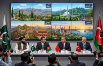 Wide photograph of a multilateral diplomatic press conference featuring Afghan, Pakistani, Chinese, and Turkish officials. Numerous press photographers are in the foreground, and a large multi-panel video screen in the background shows illustrative scenes of Kabul, Islamabad, Beijing, and Istanbul.