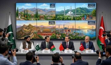 Wide photograph of a multilateral diplomatic press conference featuring Afghan, Pakistani, Chinese, and Turkish officials. Numerous press photographers are in the foreground, and a large multi-panel video screen in the background shows illustrative scenes of Kabul, Islamabad, Beijing, and Istanbul.
