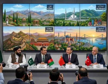 Wide photograph of a multilateral diplomatic press conference featuring Afghan, Pakistani, Chinese, and Turkish officials. Numerous press photographers are in the foreground, and a large multi-panel video screen in the background shows illustrative scenes of Kabul, Islamabad, Beijing, and Istanbul.