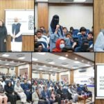 A six-panel photo collage of an orientation session at City University Peshawar showing speakers, attendees, and shield presentation for immunization ambassadors.