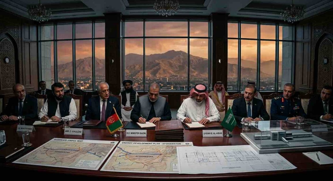 A high-level signing ceremony in a Kabul conference room with Afghan and Saudi delegates seated at a mahogany table displaying energy blueprints, maps, and model pipelines against a backdrop of mountains at sunset.