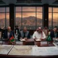A high-level signing ceremony in a Kabul conference room with Afghan and Saudi delegates seated at a mahogany table displaying energy blueprints, maps, and model pipelines against a backdrop of mountains at sunset.