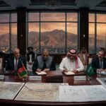 A high-level signing ceremony in a Kabul conference room with Afghan and Saudi delegates seated at a mahogany table displaying energy blueprints, maps, and model pipelines against a backdrop of mountains at sunset.