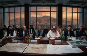 A high-level signing ceremony in a Kabul conference room with Afghan and Saudi delegates seated at a mahogany table displaying energy blueprints, maps, and model pipelines against a backdrop of mountains at sunset.