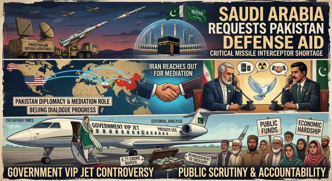 A conceptual editorial infographic divided into three distinct panels summarizing the Middle East crisis and Pakistani politics. The top panel illustrates Pakistani missile defenses protecting a stylized Saudi city and holy sites, with large text reading "Saudi Arabia Requests Pakistan Defense Aid." The middle panel features a global map with diplomatic lines and representations of an Iranian man and a Pakistani man speaking on vintage telephones across a table, with titles "Iran Reaches Out for Mediation" and "Pakistan Diplomacy & Mediation Role." The bottom panel shows a woman (politician Maryam Nawaz) and a private jet with text "Government VIP Jet Controversy" and "Public Scrutiny & Accountability," alongside a crowd of diverse Pakistani citizens holding signs about public funds and economic hardship.
