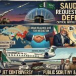 A conceptual editorial infographic divided into three distinct panels summarizing the Middle East crisis and Pakistani politics. The top panel illustrates Pakistani missile defenses protecting a stylized Saudi city and holy sites, with large text reading "Saudi Arabia Requests Pakistan Defense Aid." The middle panel features a global map with diplomatic lines and representations of an Iranian man and a Pakistani man speaking on vintage telephones across a table, with titles "Iran Reaches Out for Mediation" and "Pakistan Diplomacy & Mediation Role." The bottom panel shows a woman (politician Maryam Nawaz) and a private jet with text "Government VIP Jet Controversy" and "Public Scrutiny & Accountability," alongside a crowd of diverse Pakistani citizens holding signs about public funds and economic hardship.