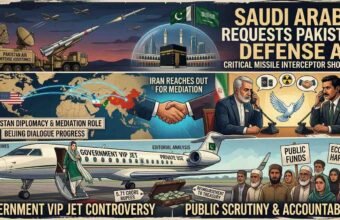 A conceptual editorial infographic divided into three distinct panels summarizing the Middle East crisis and Pakistani politics. The top panel illustrates Pakistani missile defenses protecting a stylized Saudi city and holy sites, with large text reading "Saudi Arabia Requests Pakistan Defense Aid." The middle panel features a global map with diplomatic lines and representations of an Iranian man and a Pakistani man speaking on vintage telephones across a table, with titles "Iran Reaches Out for Mediation" and "Pakistan Diplomacy & Mediation Role." The bottom panel shows a woman (politician Maryam Nawaz) and a private jet with text "Government VIP Jet Controversy" and "Public Scrutiny & Accountability," alongside a crowd of diverse Pakistani citizens holding signs about public funds and economic hardship.