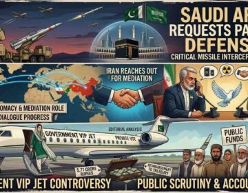 A conceptual editorial infographic divided into three distinct panels summarizing the Middle East crisis and Pakistani politics. The top panel illustrates Pakistani missile defenses protecting a stylized Saudi city and holy sites, with large text reading "Saudi Arabia Requests Pakistan Defense Aid." The middle panel features a global map with diplomatic lines and representations of an Iranian man and a Pakistani man speaking on vintage telephones across a table, with titles "Iran Reaches Out for Mediation" and "Pakistan Diplomacy & Mediation Role." The bottom panel shows a woman (politician Maryam Nawaz) and a private jet with text "Government VIP Jet Controversy" and "Public Scrutiny & Accountability," alongside a crowd of diverse Pakistani citizens holding signs about public funds and economic hardship.