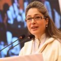 PTI leader and MNA Shandana Gulzar addressing a press conference in Peshawar.