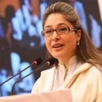 PTI leader and MNA Shandana Gulzar addressing a press conference in Peshawar.