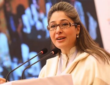 PTI leader and MNA Shandana Gulzar addressing a press conference in Peshawar.