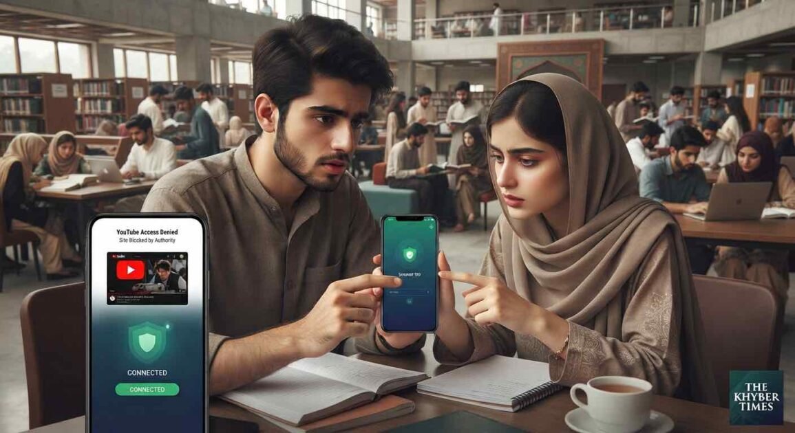Students seated in a Peshawar library viewing a blocked YouTube screen and a free VPN connection on their mobile devices.
