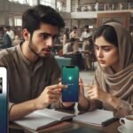 Students seated in a Peshawar library viewing a blocked YouTube screen and a free VPN connection on their mobile devices.