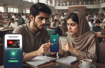 Students seated in a Peshawar library viewing a blocked YouTube screen and a free VPN connection on their mobile devices.